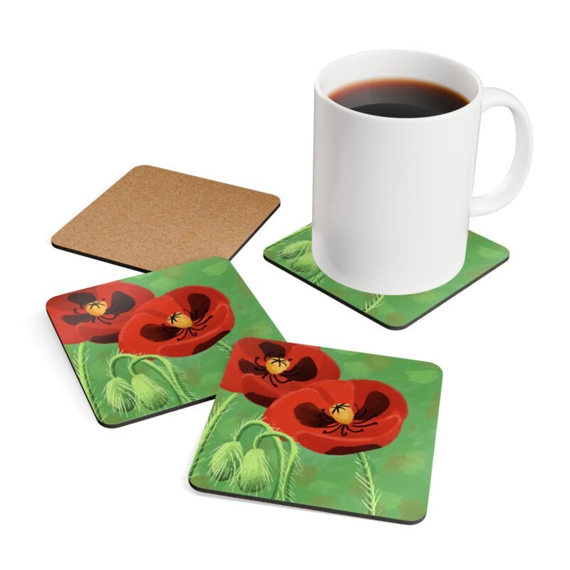 Poppies Cork Coaster Set — Floral Design (Set of 4) - Image 3