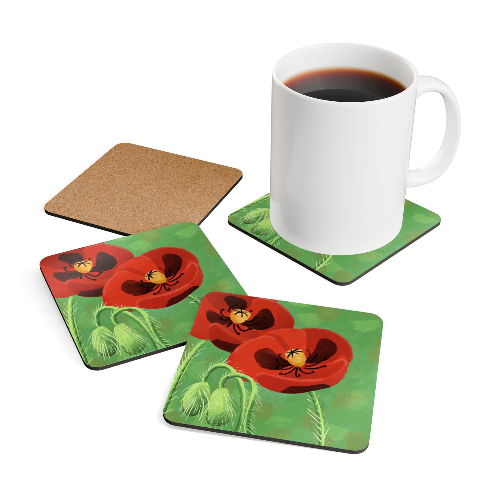 Poppies Cork Coaster Set — Floral Design (Set of 4) - Image 3