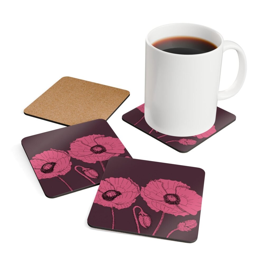 Floral Poppies on Burgundy Cork Coaster Set (4-Pack)