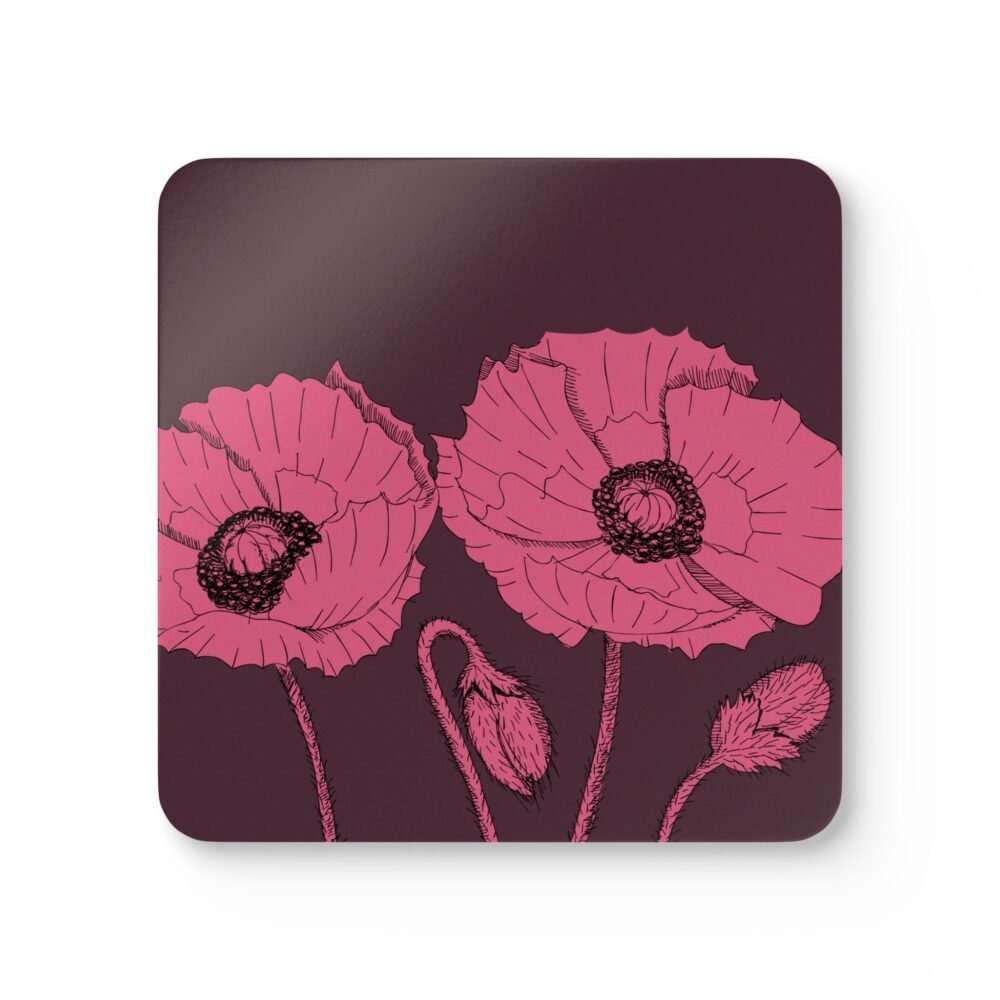Floral Poppies on Burgundy Cork Coaster Set (4-Pack)