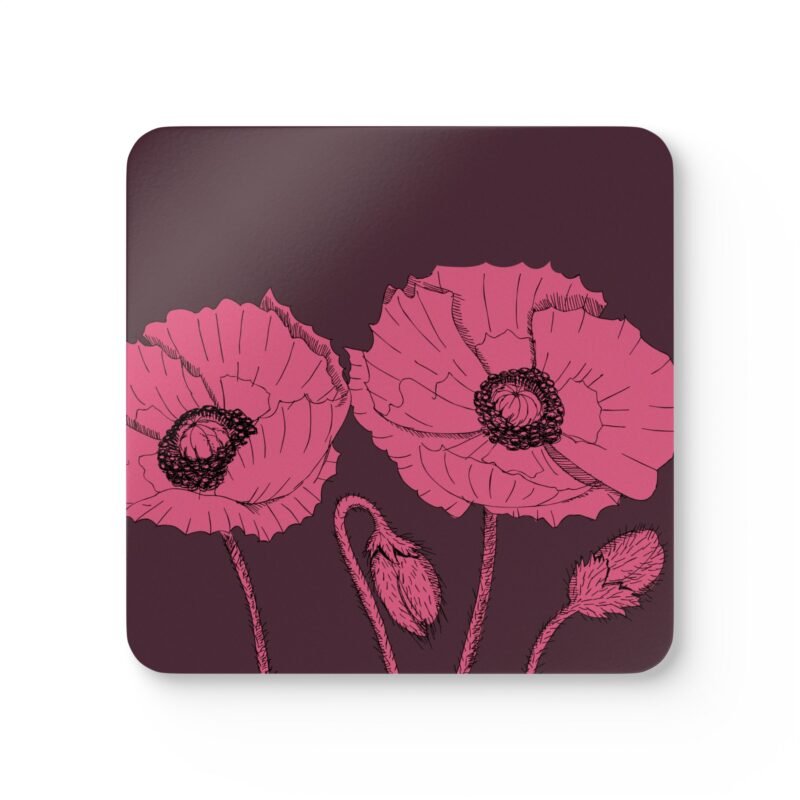 Floral Poppies on Burgundy Cork Coaster Set (4-Pack) - Image 2