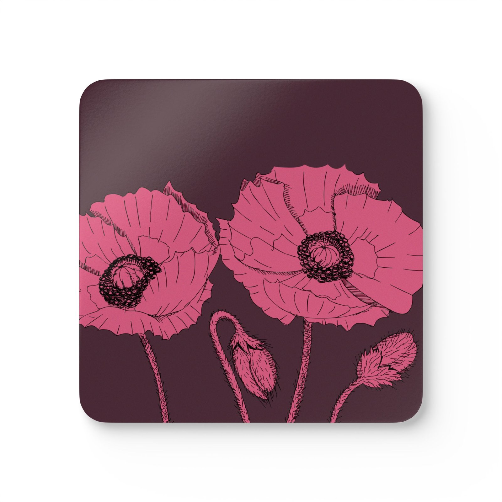 Floral Poppies on Burgundy Cork Coaster Set (4-Pack) - Image 2