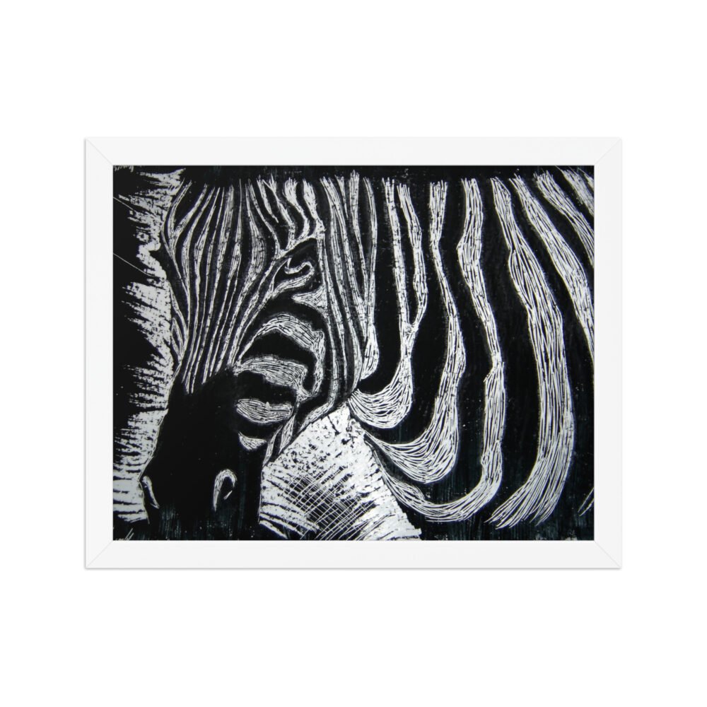 Monochrome Zebra Wax Etching Design Poster Framed