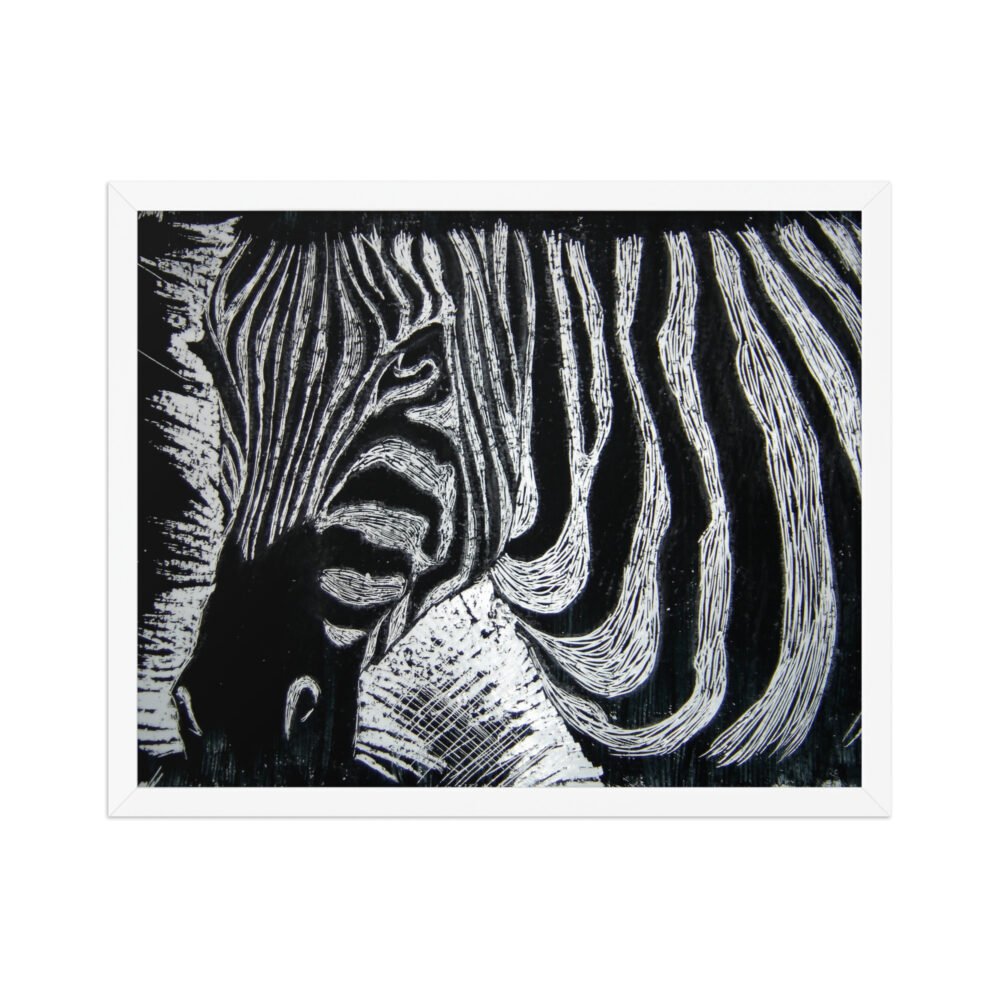 Monochrome Zebra Wax Etching Design Poster Framed