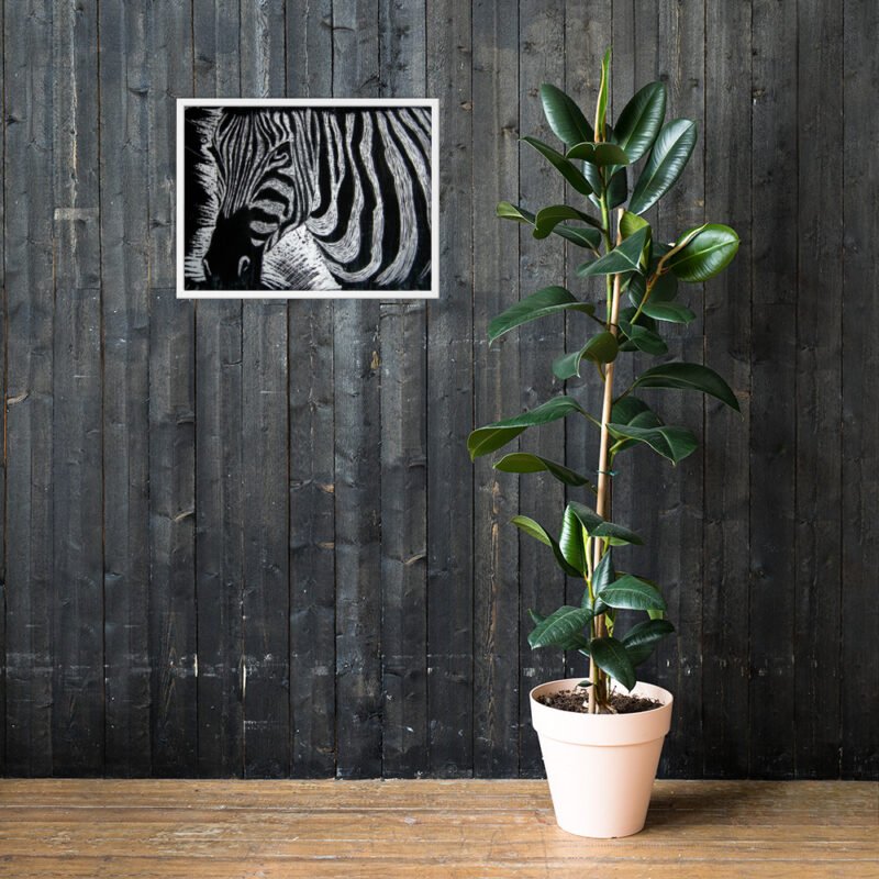 Monochrome Zebra Wax Etching Design Poster Framed - Image 11