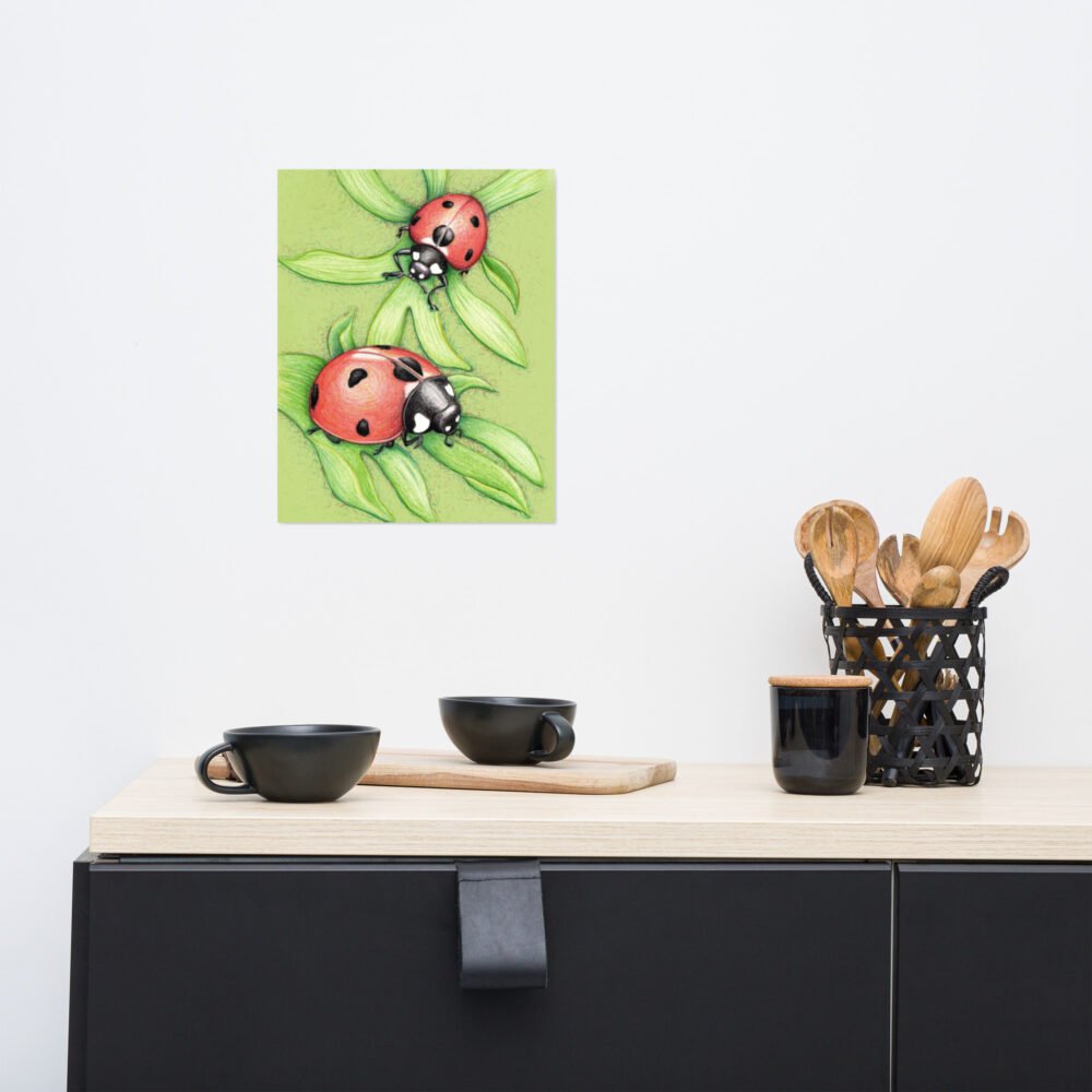 Two Red Birds Ladybug Pencil Design Poster Unframed