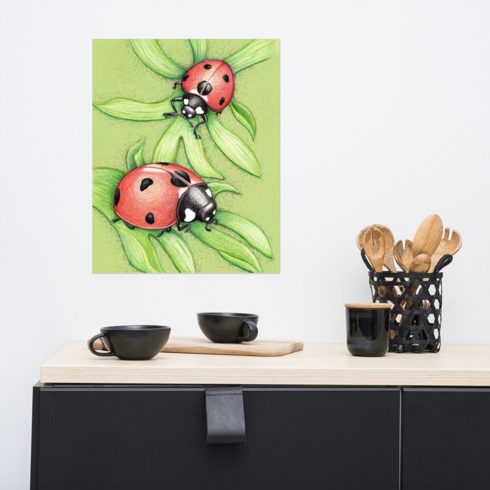 Two Red Birds Ladybug Pencil Design Poster Unframed
