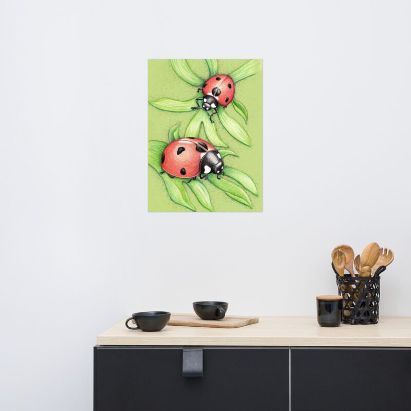 Two Red Birds Ladybug Pencil Design Poster Unframed - Image 2