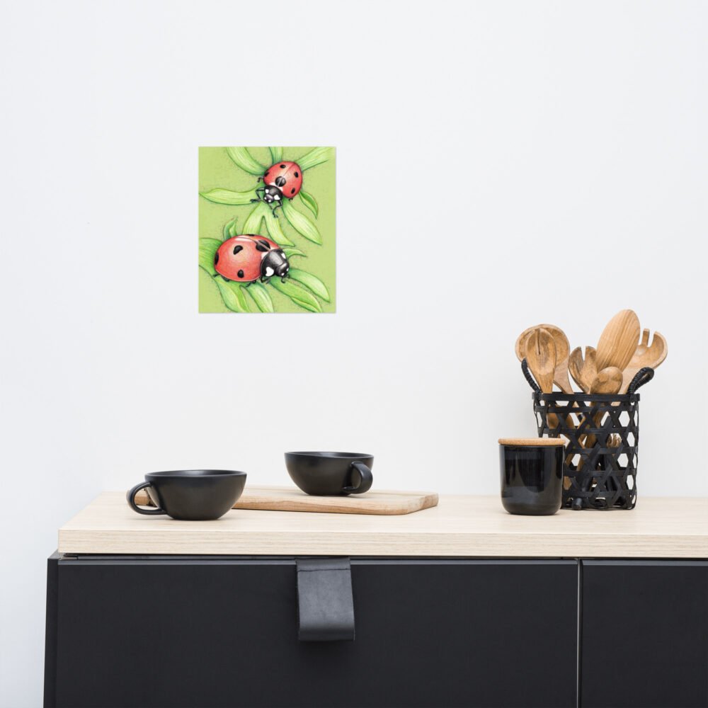 Two Red Birds Ladybug Pencil Design Poster Unframed