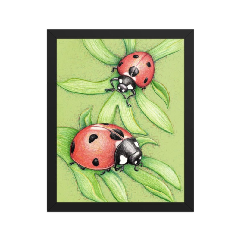 'Two Red Birds' Ladybug Pencil Design Poster Framed