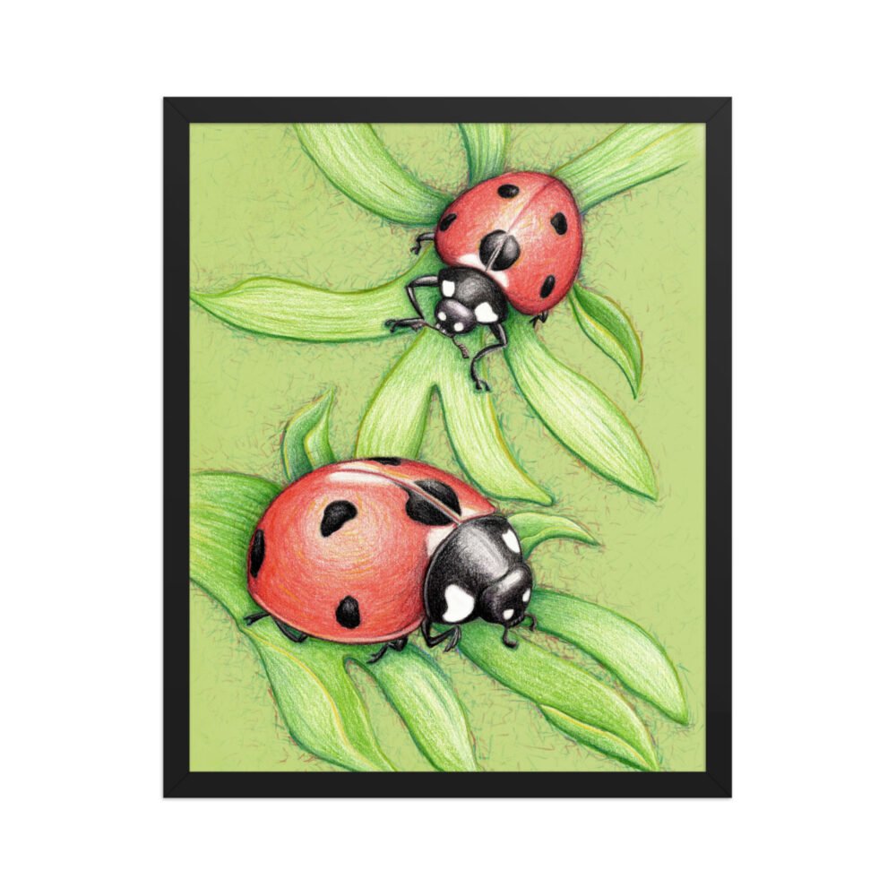 'Two Red Birds' Ladybug Pencil Design Poster Framed