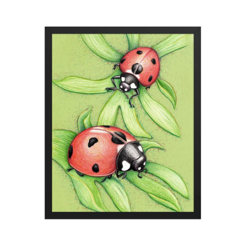 'Two Red Birds' Ladybug Pencil Design Poster Framed - Image 3