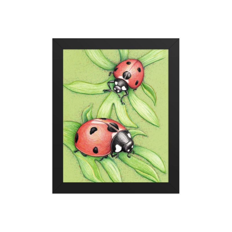 'Two Red Birds' Ladybug Pencil Design Poster Framed - Image 2