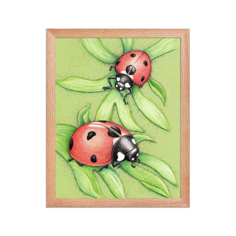 'Two Red Birds' Ladybug Pencil Design Poster Framed