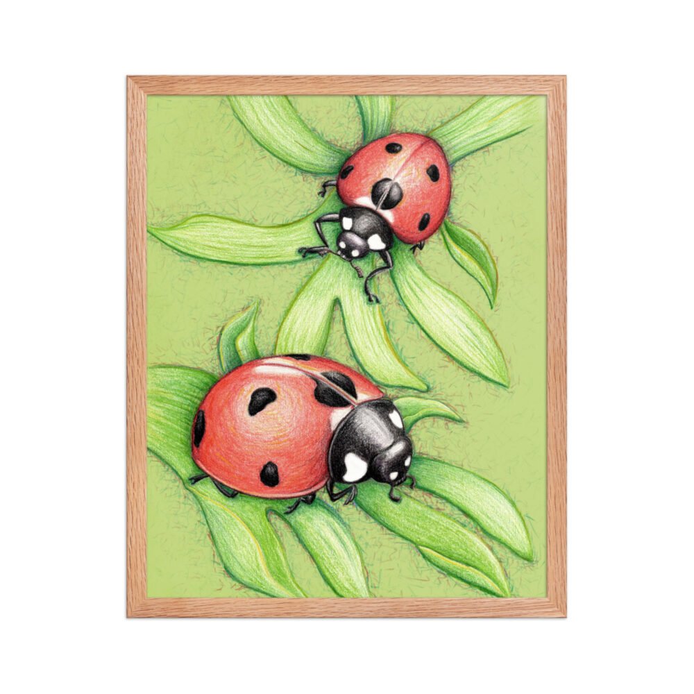 'Two Red Birds' Ladybug Pencil Design Poster Framed
