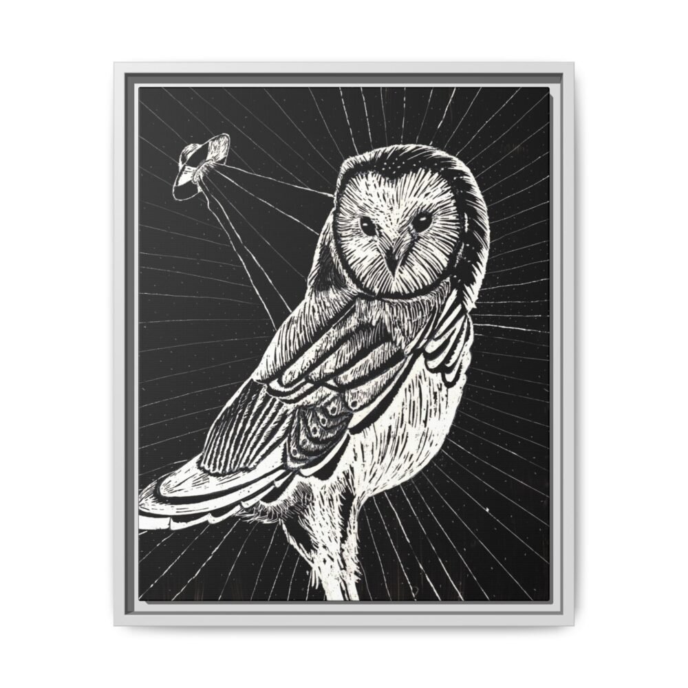 Framed monochrome UFO space owl canvas print with white frame 16 by 20 inches