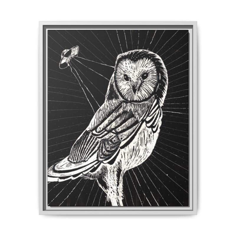Framed monochrome UFO space owl canvas print with white frame 16 by 20 inches