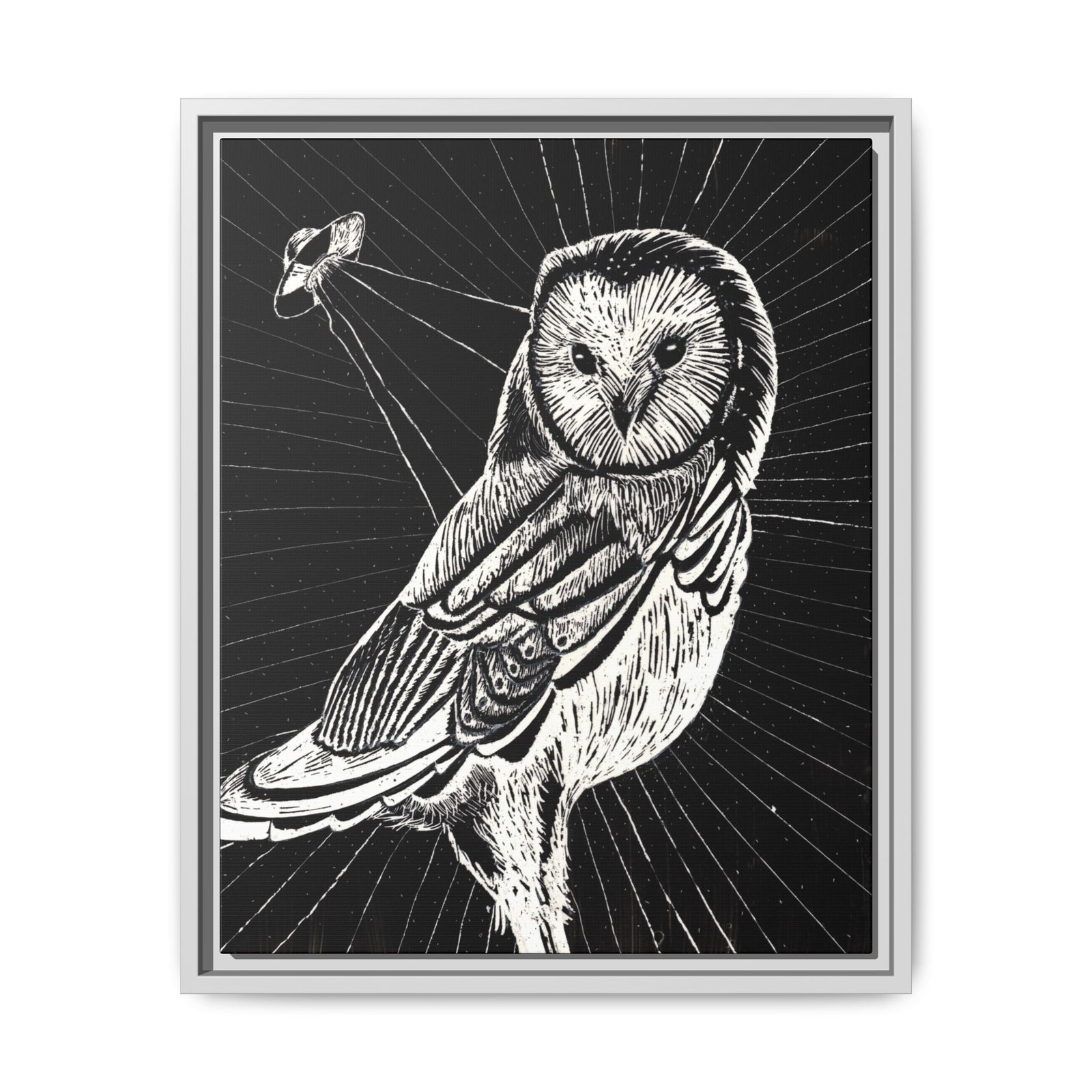 Framed monochrome UFO space owl canvas print with white frame 16 by 20 inches