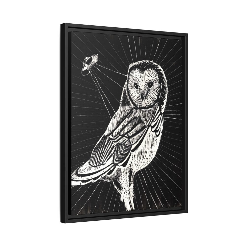 UFO Owl Matte Canvas Framed Print — Black and White Rustic Wall Art