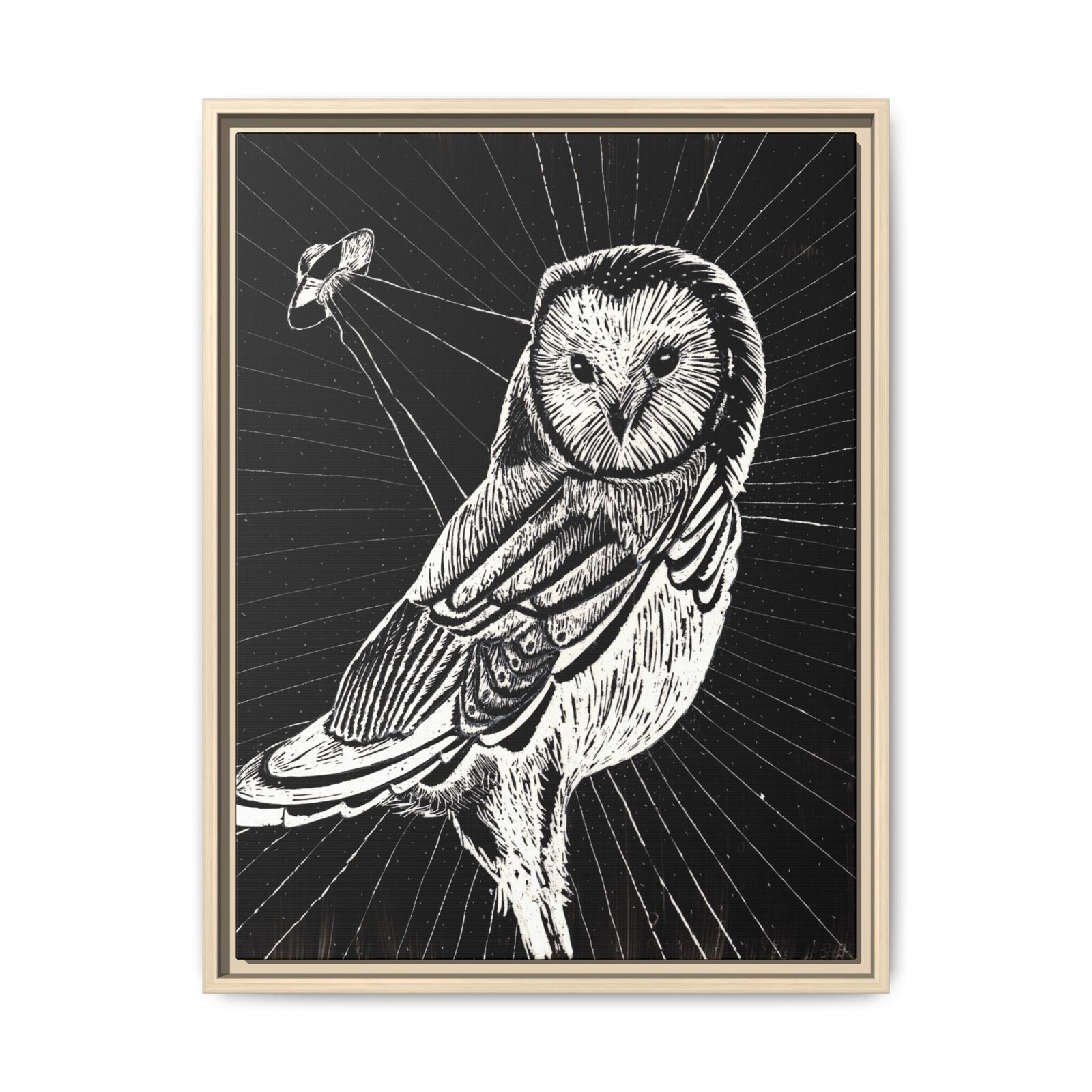 UFO Owl Matte Canvas Framed Print — Black and White Rustic Wall Art - Image 13