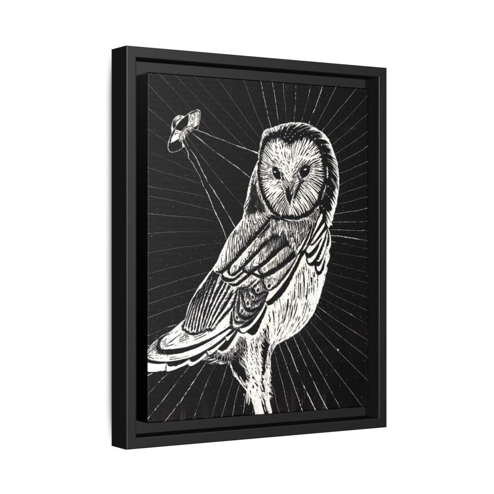 UFO Owl Matte Canvas Framed Print — Black and White Rustic Wall Art