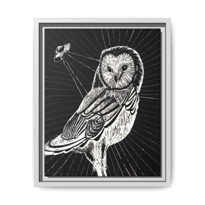 Framed monochrome UFO space owl canvas print with white frame 11 by 14 inches