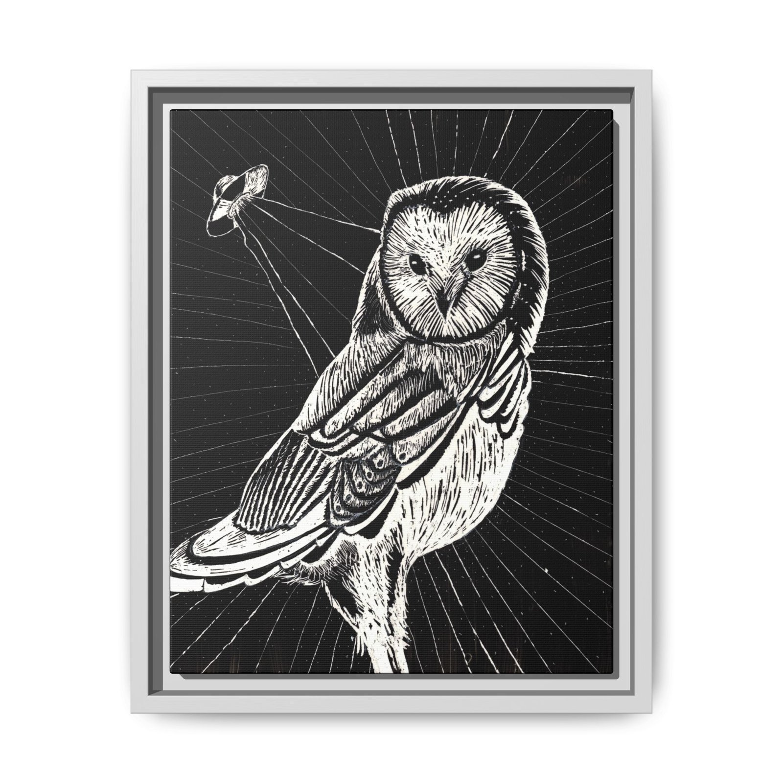 Framed monochrome UFO space owl canvas print with white frame 11 by 14 inches
