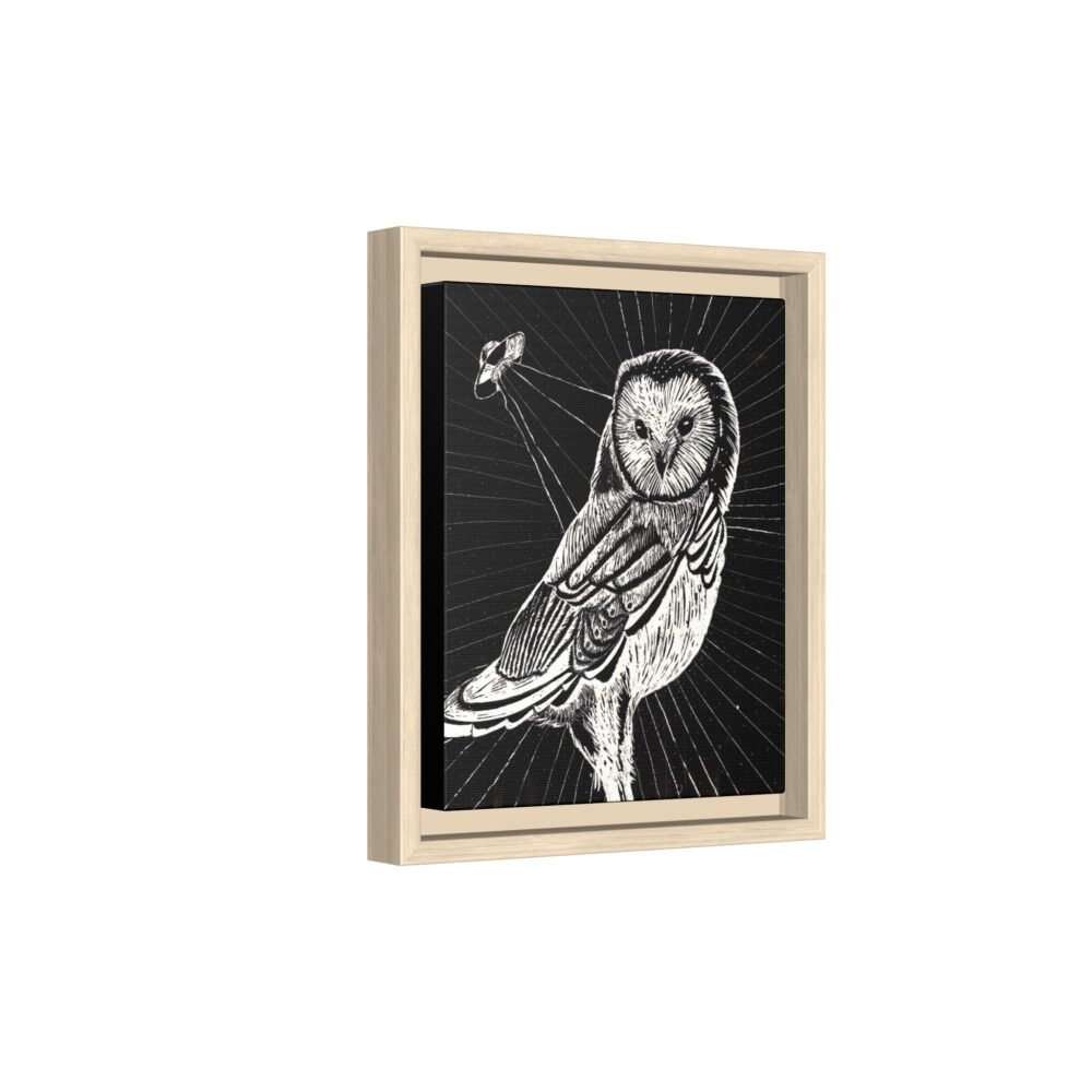 Framed monochrome UFO space owl canvas print with natural frame 8 by 10 inches skewed