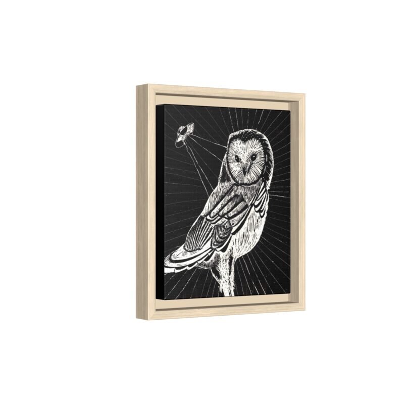 Framed monochrome UFO space owl canvas print with natural frame 8 by 10 inches skewed