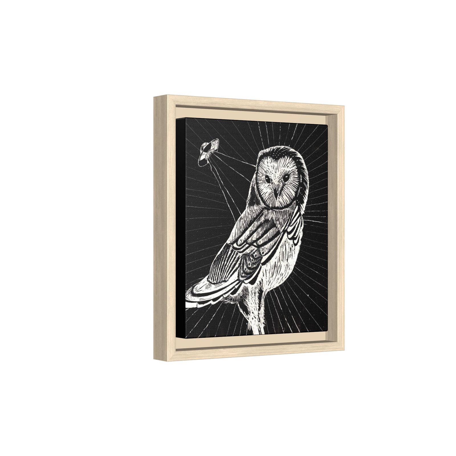 Framed monochrome UFO space owl canvas print with natural frame 8 by 10 inches skewed