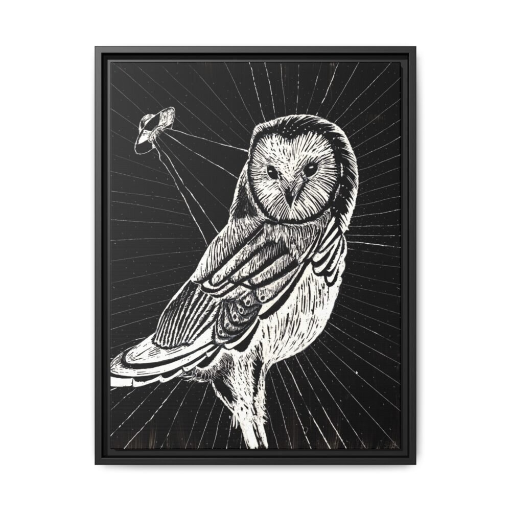 UFO Owl Matte Canvas Framed Print — Black and White Rustic Wall Art