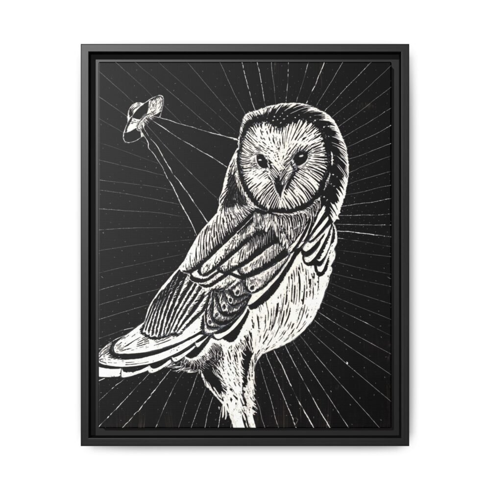 UFO Owl Matte Canvas Framed Print — Black and White Rustic Wall Art