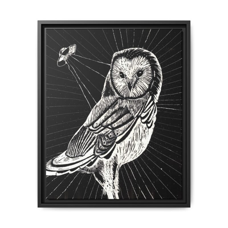 UFO Owl Matte Canvas Framed Print — Black and White Rustic Wall Art - Image 11