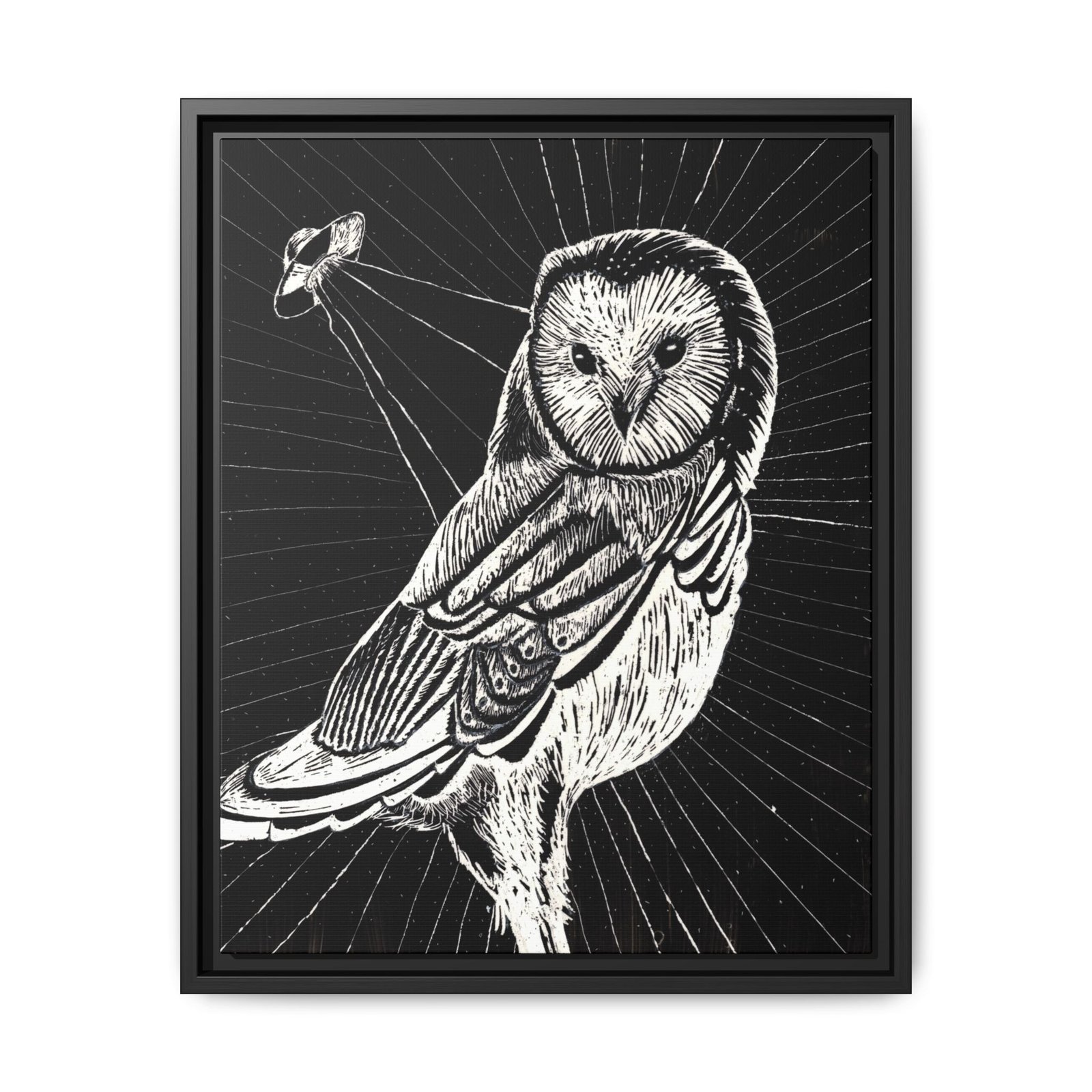 UFO Owl Matte Canvas Framed Print — Black and White Rustic Wall Art - Image 11