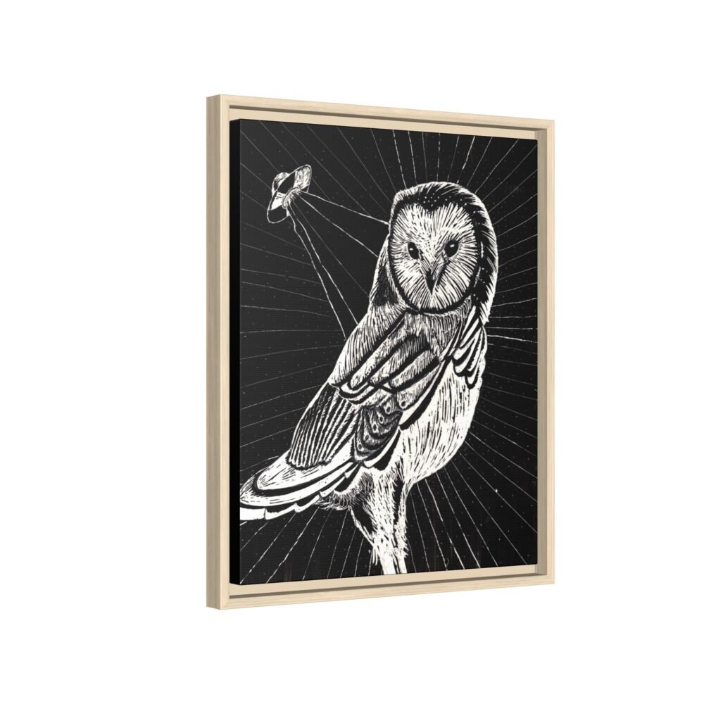 UFO Owl Matte Canvas Framed Print — Black and White Rustic Wall Art