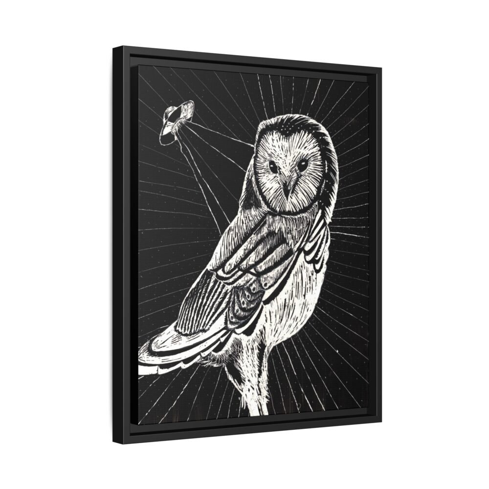 UFO Owl Matte Canvas Framed Print — Black and White Rustic Wall Art