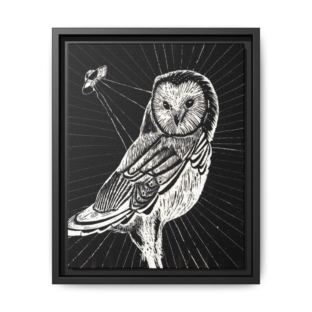 UFO Owl Matte Canvas Framed Print — Black and White Rustic Wall Art