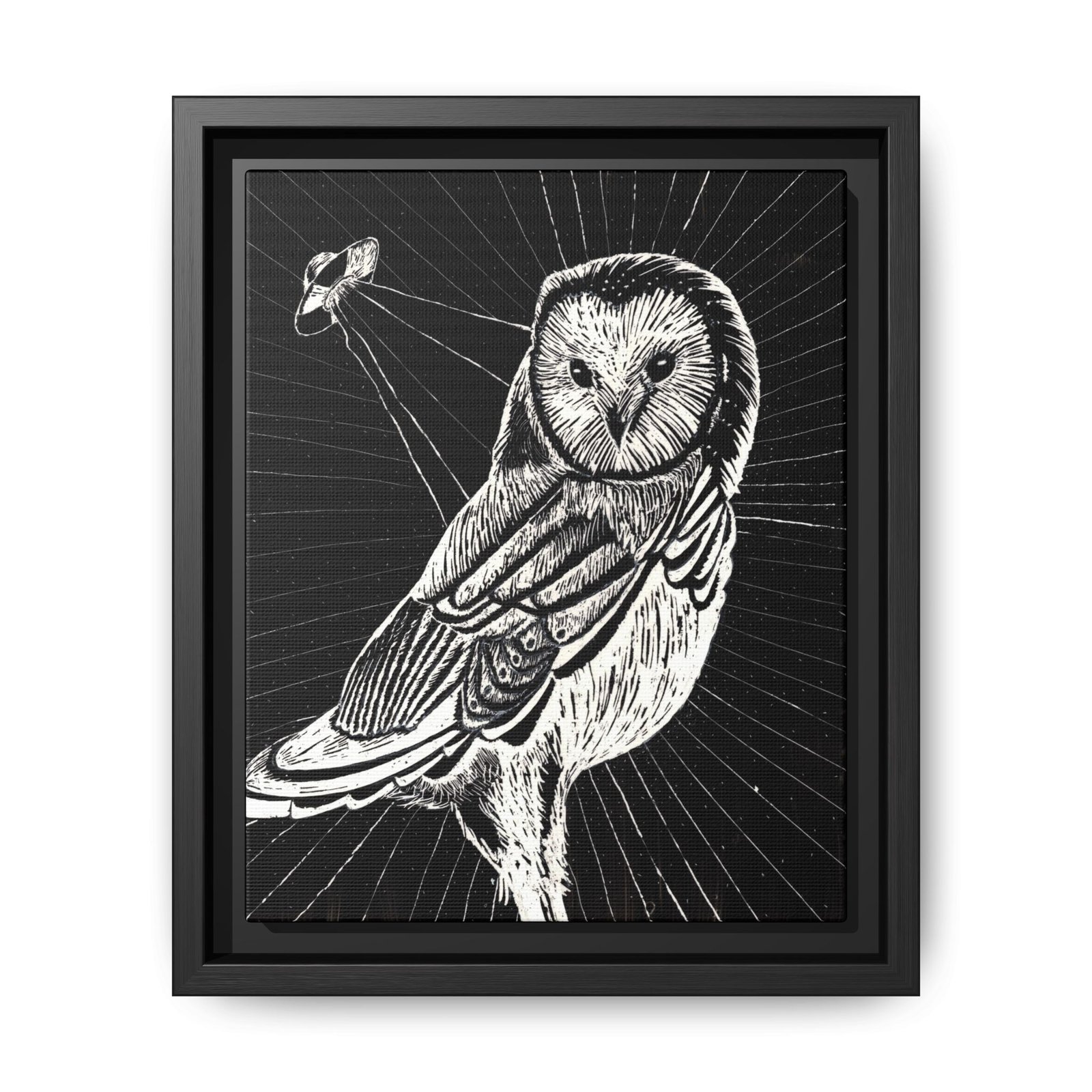 Framed monochrome UFO space owl canvas print with black frame 8 by 10 inches