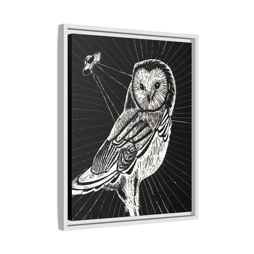 Framed monochrome UFO space owl canvas print with white frame 16 by 20 inches skewed