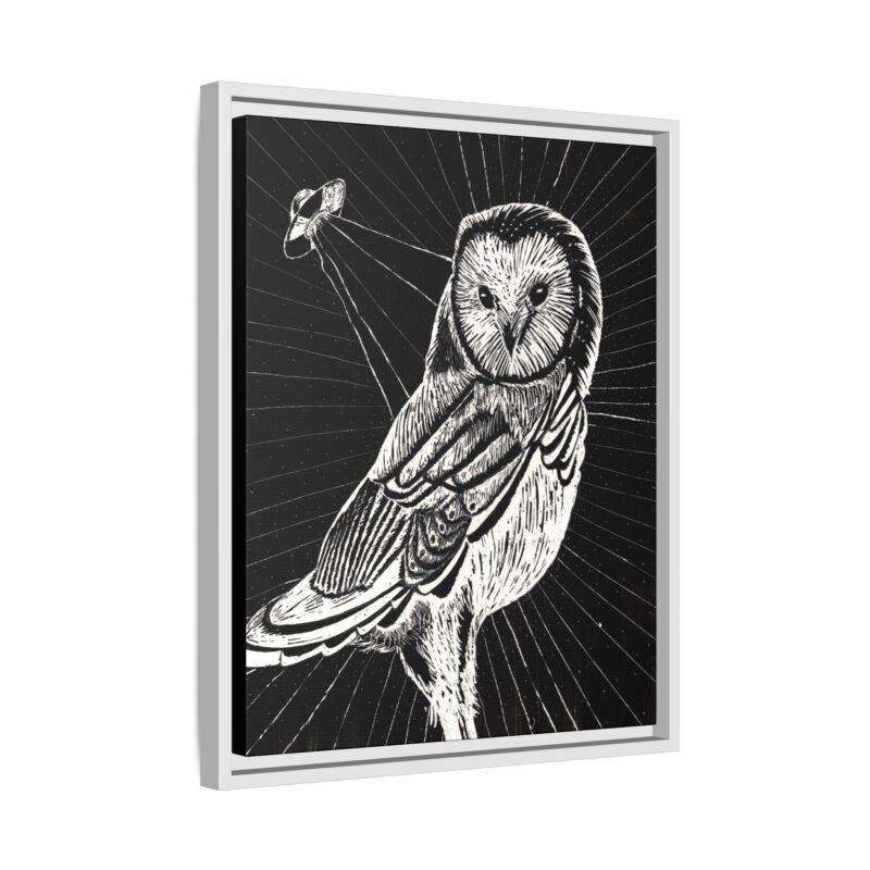 Framed monochrome UFO space owl canvas print with white frame 16 by 20 inches skewed