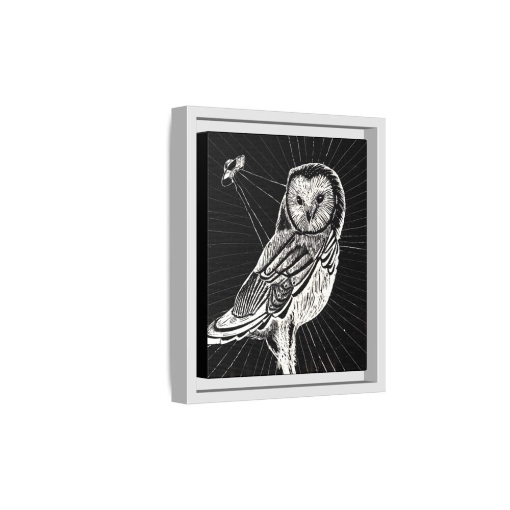 Framed monochrome UFO space owl canvas print with white frame 8 by 10 inches skewed
