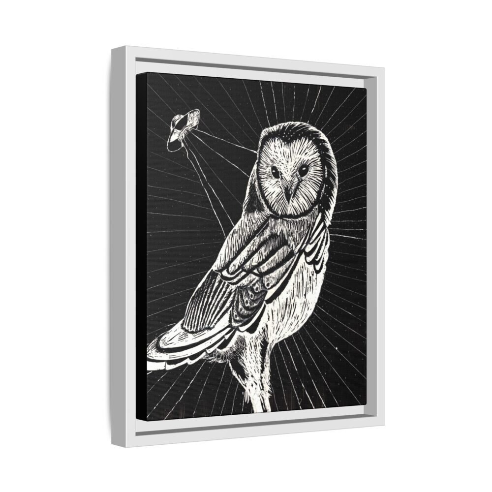 Framed monochrome UFO space owl canvas print with white frame 11 by 14 inches skewed