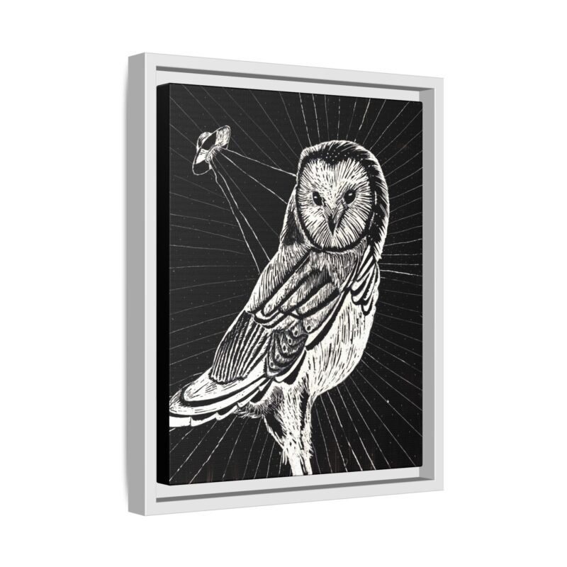 Framed monochrome UFO space owl canvas print with white frame 11 by 14 inches skewed