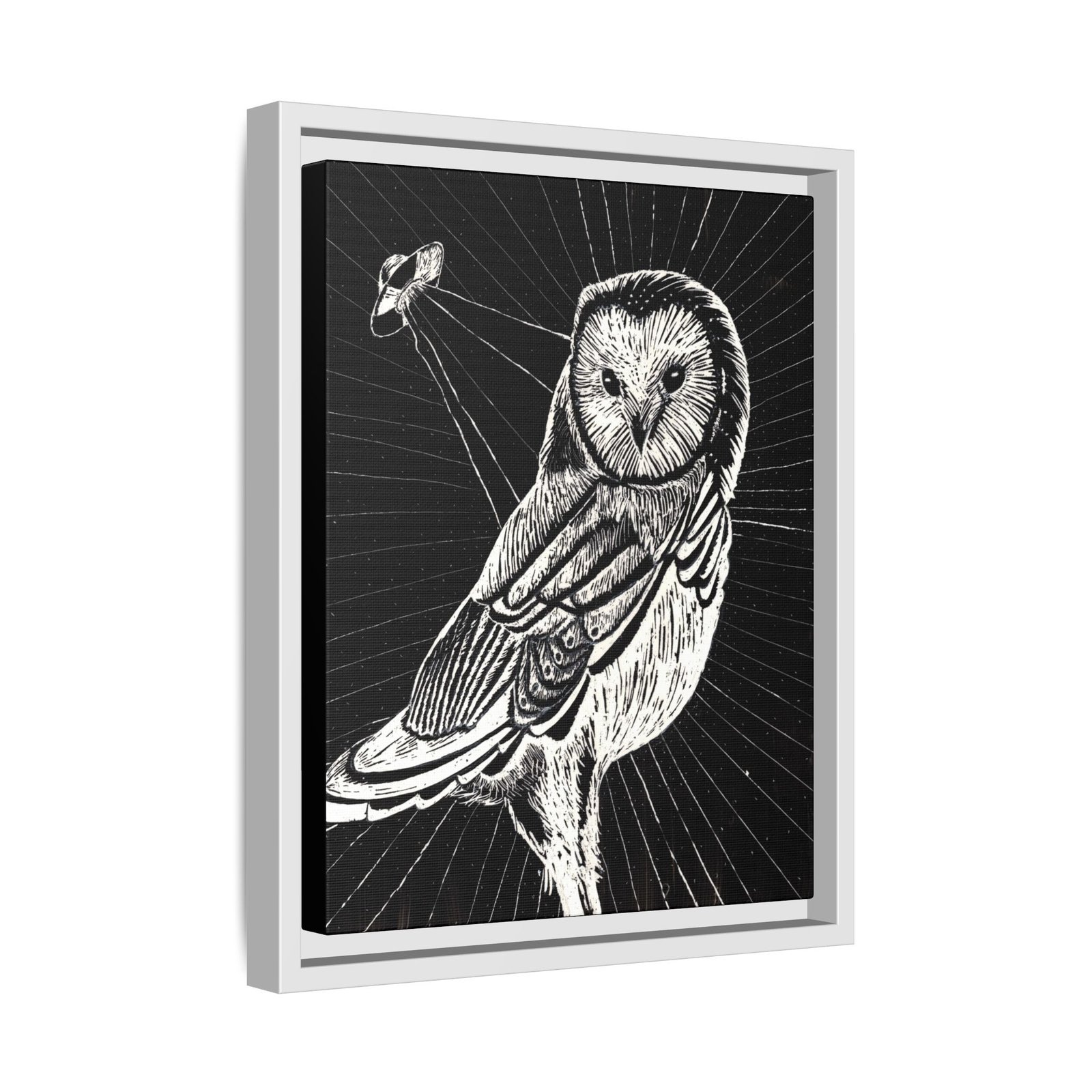 Framed monochrome UFO space owl canvas print with white frame 11 by 14 inches skewed