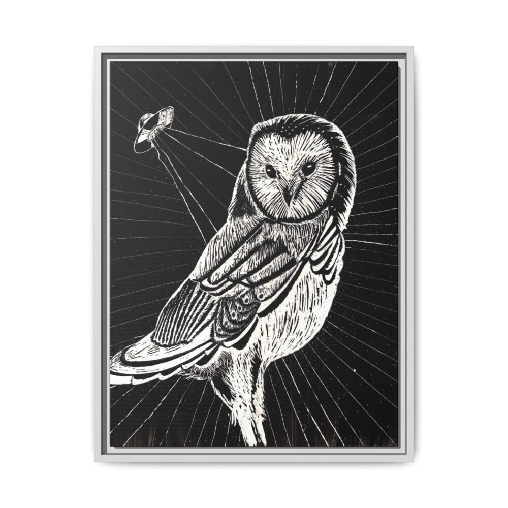 Framed monochrome UFO space owl canvas print with white frame 18 by 24 inches