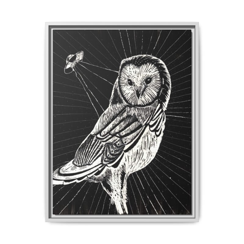 Framed monochrome UFO space owl canvas print with white frame 18 by 24 inches