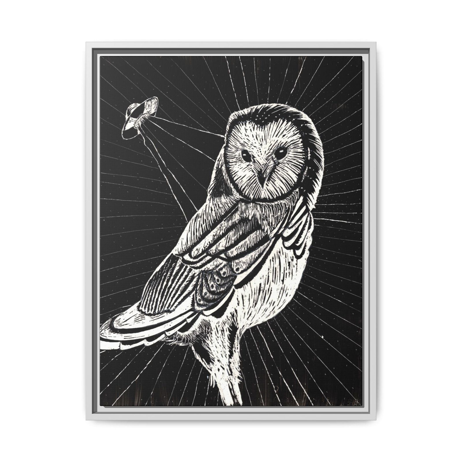 Framed monochrome UFO space owl canvas print with white frame 18 by 24 inches