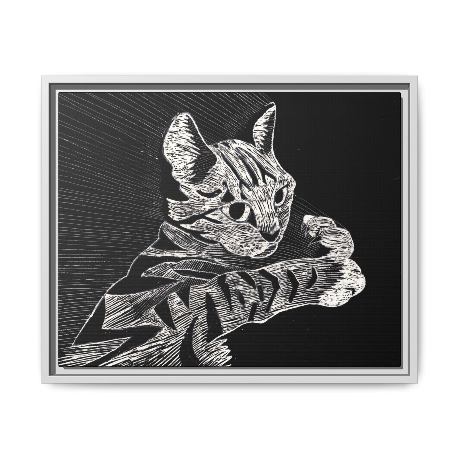 Framed Etched Cat Art Print | Matte Canvas Wall Decor - Image 1