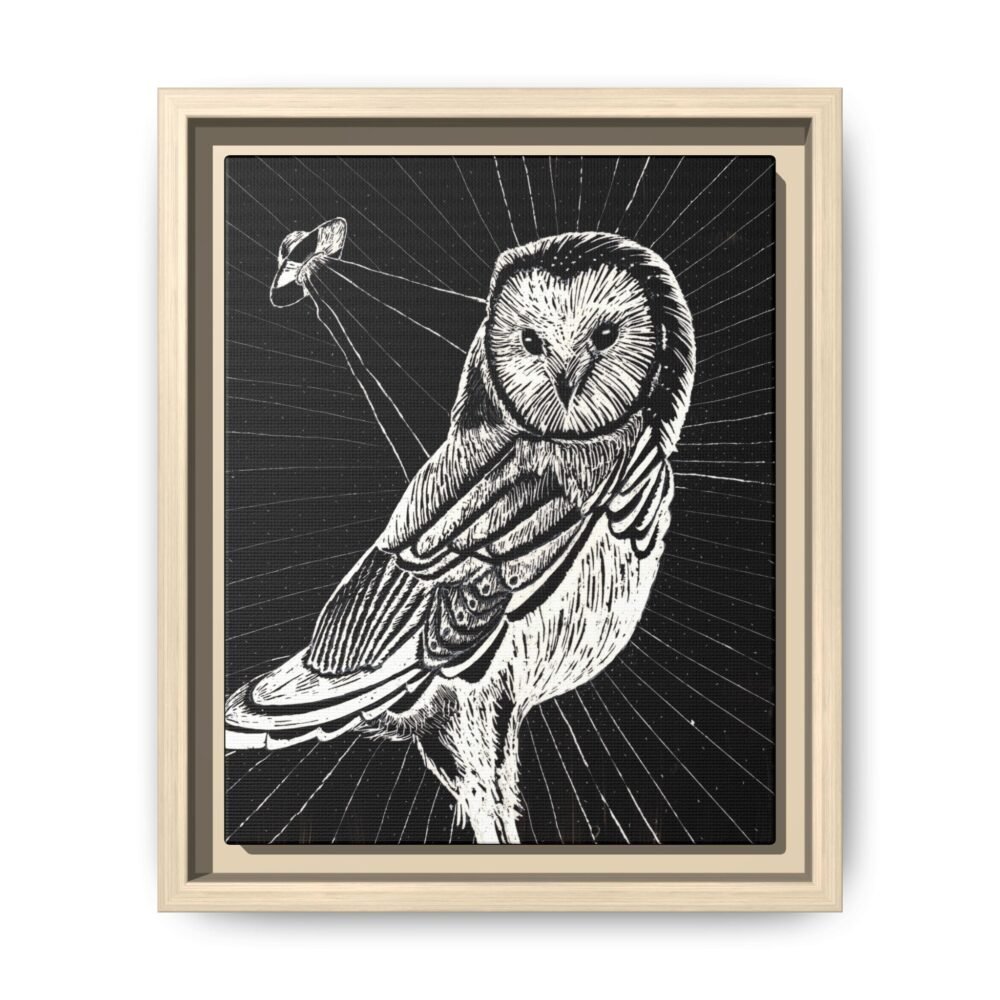 Framed monochrome UFO space owl canvas print with natural frame 8 by 10 inches