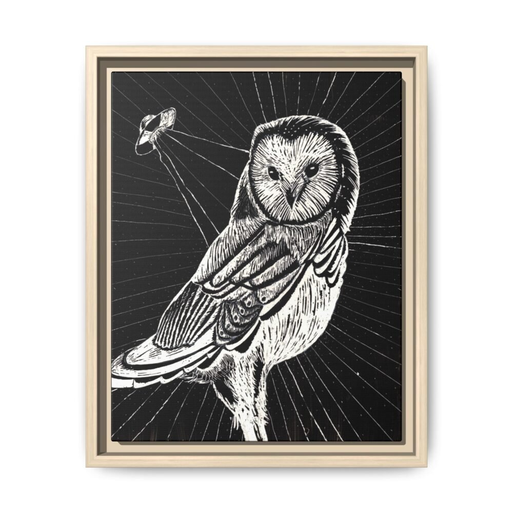 UFO Owl Matte Canvas Framed Print — Black and White Rustic Wall Art